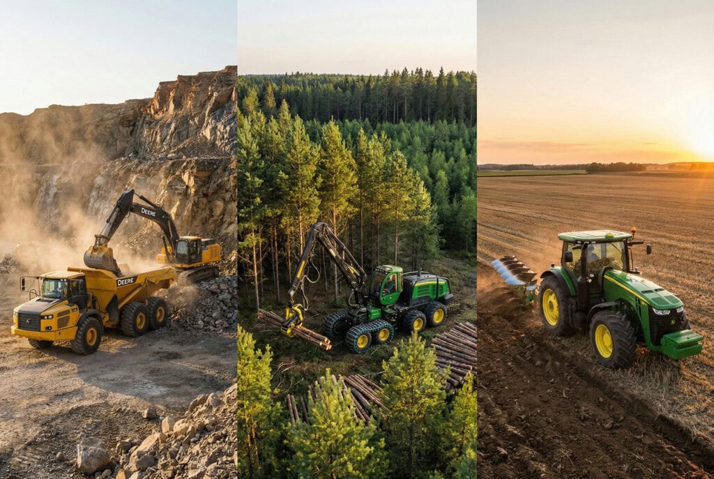 Koláž zobrazujúca variabilitu strojov, ktoré využívajú motory riadené jednotkami ako Phoenix L34. Vľavo ťažká stavebná technika (bager a dumper) v prašnom prostredí lomu, v strede lesný harvestor pri ťažbe dreva a vpravo traktor série 8R pri orbe. Všetky tieto aplikácie kladú extrémne nároky na odolnosť riadiacej elektroniky, ktorú v našom stredisku servisujeme.