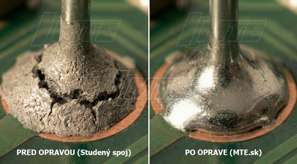 Makro záber pod mikroskopom: Vľavo prasknutý studený spoj na plošnom spoji riadiacej jednotky, vpravo profesionálne obnovený a zaspájkovaný spoj v servise MTE.